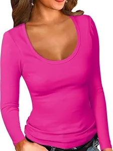 T-shirt da donna fucsia a coste con scollo rotondo, vestibilità slim, manica lunga
