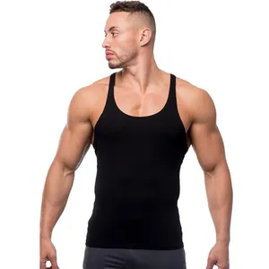 Detailed front view of a muscular man wearing a black slim-fit gym athletic tank top
