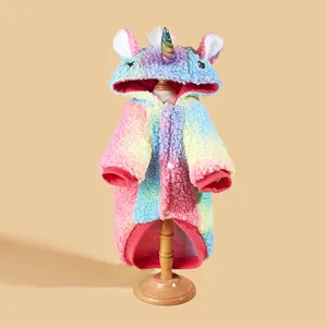 Soft rainbow unicorn plush hooded pet costume for small dogs and cats transformation outfit