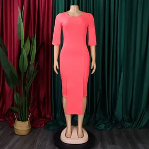 Elegant coral pink bodycon midi dress with half sleeves and asymmetric hem detail