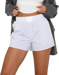 Detail shot of blue and white striped pajama shorts for women with elastic waist