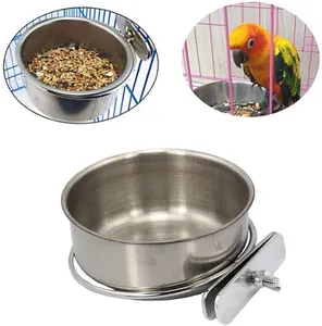 Detailed view of a durable stainless steel bird feeder bowl with cage mounting bracket