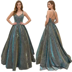 Women Elegant V-Neck Sequin Long Evening Dress Shiny Spaghetti Strap Backless A-Line Big Swing Prom Party Banquet Gown
