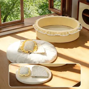 Cozy round yellow pet bed with removable cotton and sponge liners for easy washing
