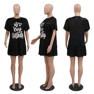 Black sequined birthday dress with ruffled hem and 'It's My Birthday' print detail