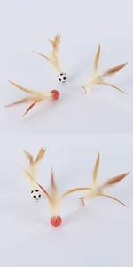 Detail showing cat toy balls with natural feathers in basketball and soccer designs