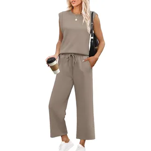 Women's 2-piece casual loungewear set with sleeveless top and wide-leg drawstring pants.