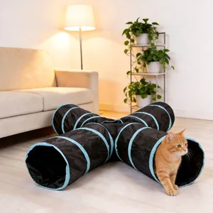 Foldable Cat Tunnel Toy 4-Way Play Tube With Bell Ball Interactive Kitten Hiding House Indoor Black Blue Canvas Fabric