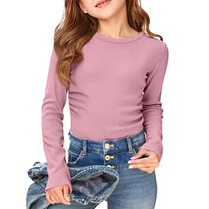 Detailed view of a pink ribbed long-sleeve T-shirt for girls featuring a slim-fit crew neck.