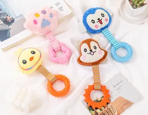 Detailed macro view of colorful cartoon TPR pet chew toys featuring plush animal heads