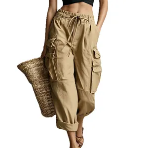 Women's high-waisted khaki cargo pants with multiple pockets and loose fit