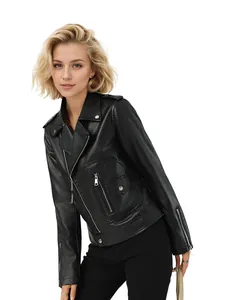 Stylish women's black faux leather biker jacket for autumn fashion outfit