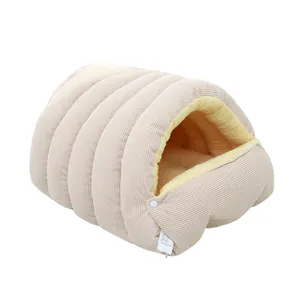 Enclosed soft corduroy pet cave bed with warm plush lining for cats and small dogs
