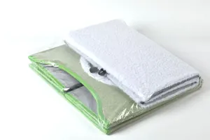 Detail view of the folded cat house storage stool in transparent packaging