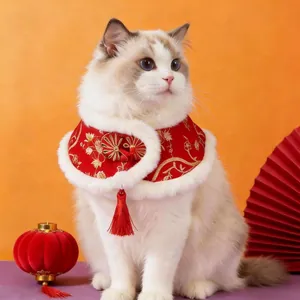 Haustier Chinesischer Stil Neujahrs Umhang Stickerei Kunstpelz Rot Quaste Katze Hund Festliches Cape Winter Warm Polyester Kleidung