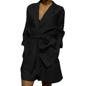 Elegant black two-piece casual set featuring a belted blazer and matching shorts for women