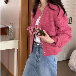 Detail van een roze Frans retro gebreid vest gedragen door een model in een kamer.