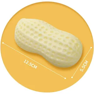 Macro view of peanut shaped squeaky dog toy with dimensions 12.5cm and 5.5cm shown