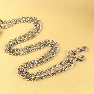 Heavy duty silver metal chain dog leash with anti-bite design and dual trigger snap hooks