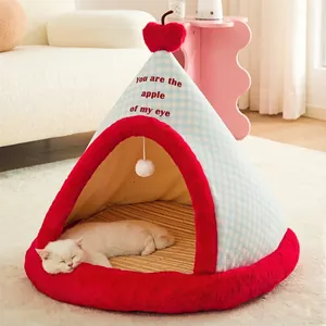 Cozy red apple themed enclosed cat bed tent house with soft plush lining and sleeping cat
