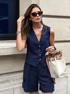 Elegant navy blue cotton linen sleeveless vest and shorts set for a chic summer look.