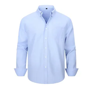 Classic light blue men's long sleeve Oxford shirt in a casual solid color design