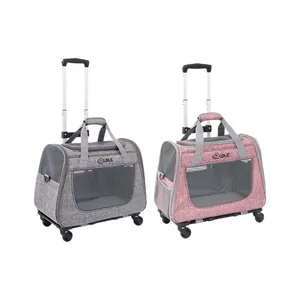 Large detachable pet trolley carrier bag for cats and dogs with wheels in gray and pink