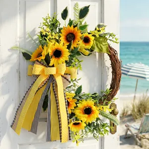 Vibrant artificial sunflower half wreath for front door decoration with yellow polka dot bow