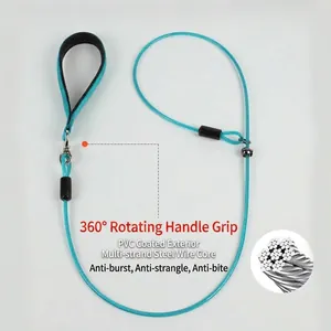 Detail showing multi-strand steel wire core of the blue dog training P-leash