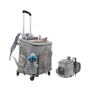 Mochila de transporte para mascotas plegable gris con ruedas para gatos y perros