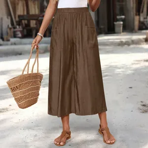 Summer casual wide-leg cropped trousers with pockets in brown, lifestyle street view