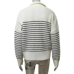 Back view of a minimalist white striped knit sweater featuring detailed polo collar