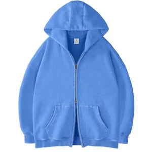 Oversized lichtblauwe vintage hoodie met dubbele rits voor zowel dames als heren