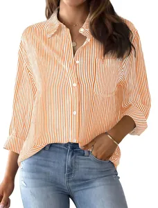 Détail d'une chemise décontractée à manches longues à rayures orange et blanc pour femme