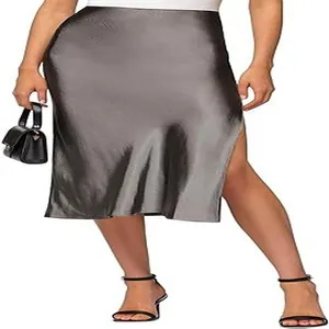 Detailed view of high-waist gray satin midi skirt featuring an elegant side slit