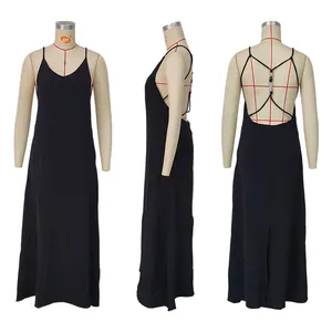 Detailed front, side, and back views of a black backless maxi dress on a mannequin