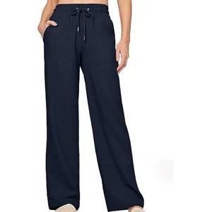 Navy blue linen wide-leg pants for women featuring high waist drawstring and side pockets.