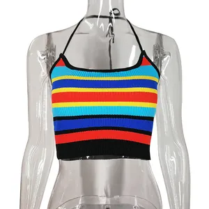 Close-up view of the vibrant multi-color striped knit cropped halter top for women
