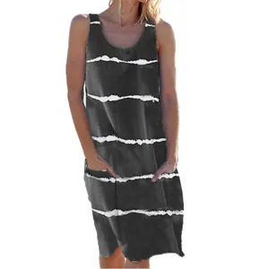 Summer sleeveless casual grey dress featuring white horizontal stripes and front pockets