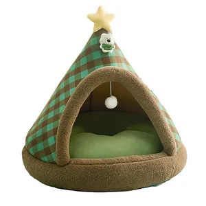 Christmas tree shaped enclosed pet bed with green plaid pattern and plush cushion for cats