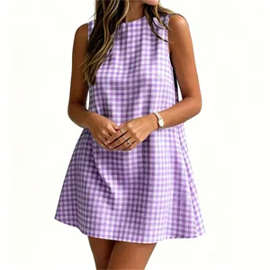 Detail of a woman wearing a purple and white gingham sleeveless round neck dress