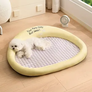 Cozy purple gingham summer cooling pet bed featuring a soft yellow plush border design