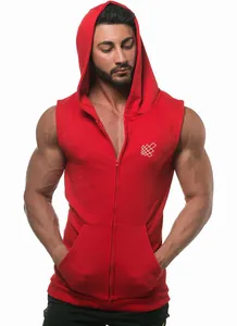 Detailed view of red sleeveless zip-up sports hoodie for gym training and fitness.
