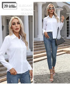 Detail presentation of an elegant white long-sleeved button-down fashion shirt for women