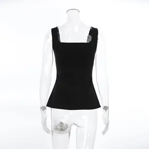 Front view of a minimalist black square neck tank top with a waist-shaping design.