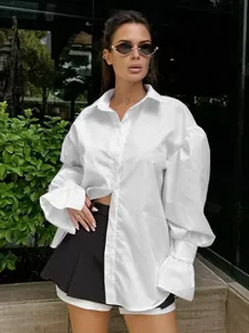 Elegant French style white cotton long sleeve shirt with puff sleeves and ruffled cuffs