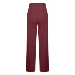 Back view of burgundy straight-leg trousers for women with functional back pockets
