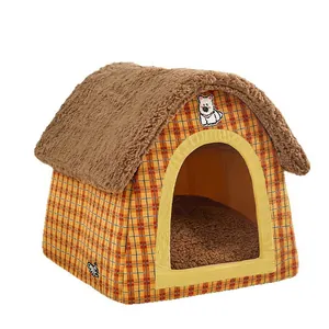 Cozy semi-enclosed plaid pet house for small dogs with plush brown roof and interior mat