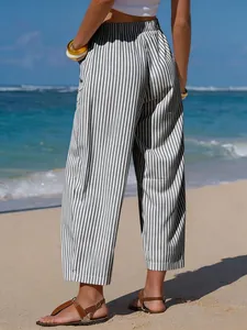 Stylish striped linen-look wide-leg cropped pants for women's summer beach holiday