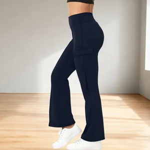 Side view of navy high-waisted yoga flare pants with cargo pocket detail